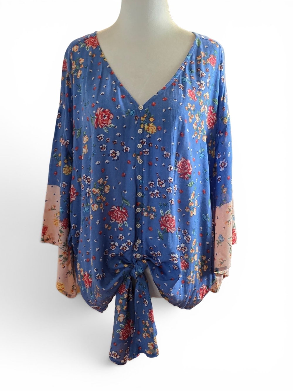 Democracy Blue Floral Button-Front Tie Blouse with Pink Sleeves